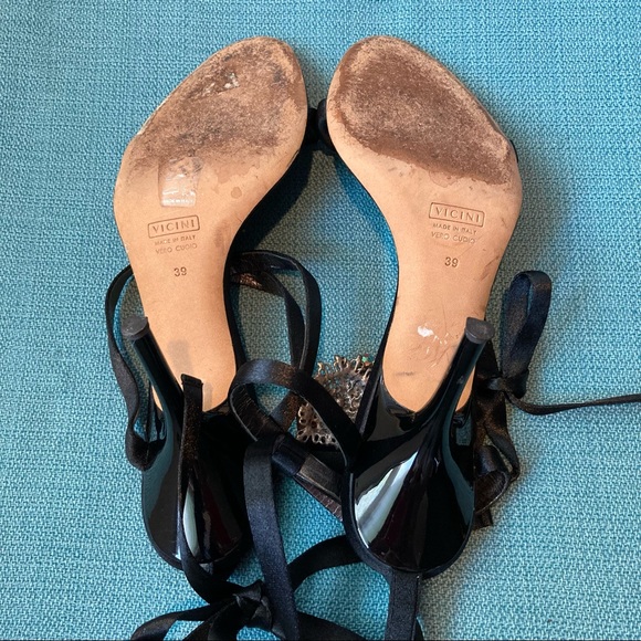 Giuseppe Zanotti Black Ribbon Sandal Crystal Silver Metallic Tear Drop Medallion - Picture 9 of 9